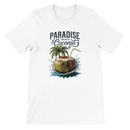 Weißes Sommer T-Shirt mit Kokosnuss-Strand-Print und Paradies-Schriftzug, atmungsaktiv und bequem.