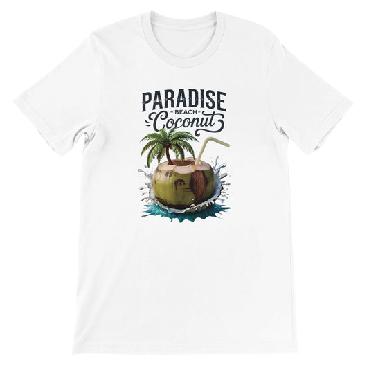Weißes Sommer T-Shirt mit Kokosnuss-Strand-Print und Paradies-Schriftzug, atmungsaktiv und bequem.