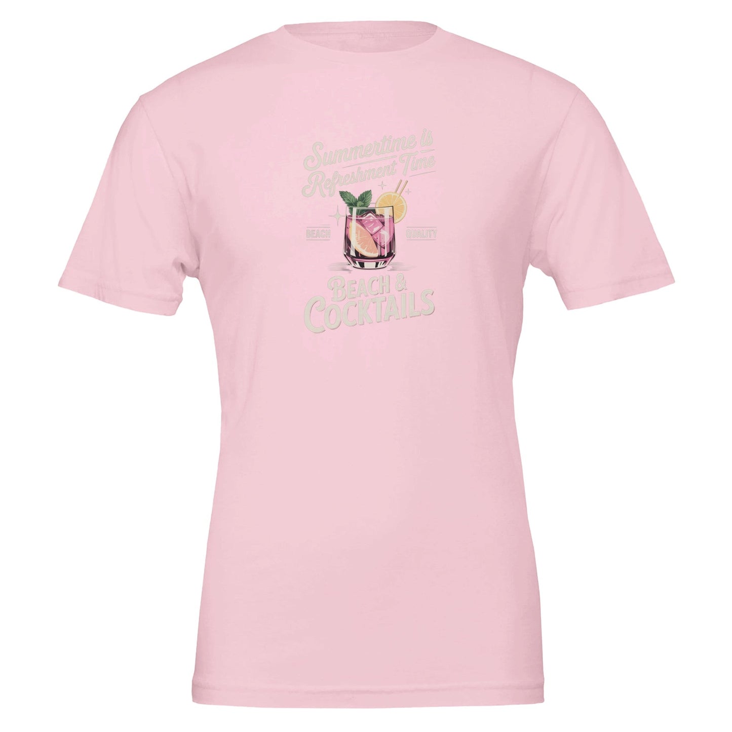 premium sommer cocktail t-shirt in rosa mit cocktail-motiv, weich, nachhaltig und unisex passform