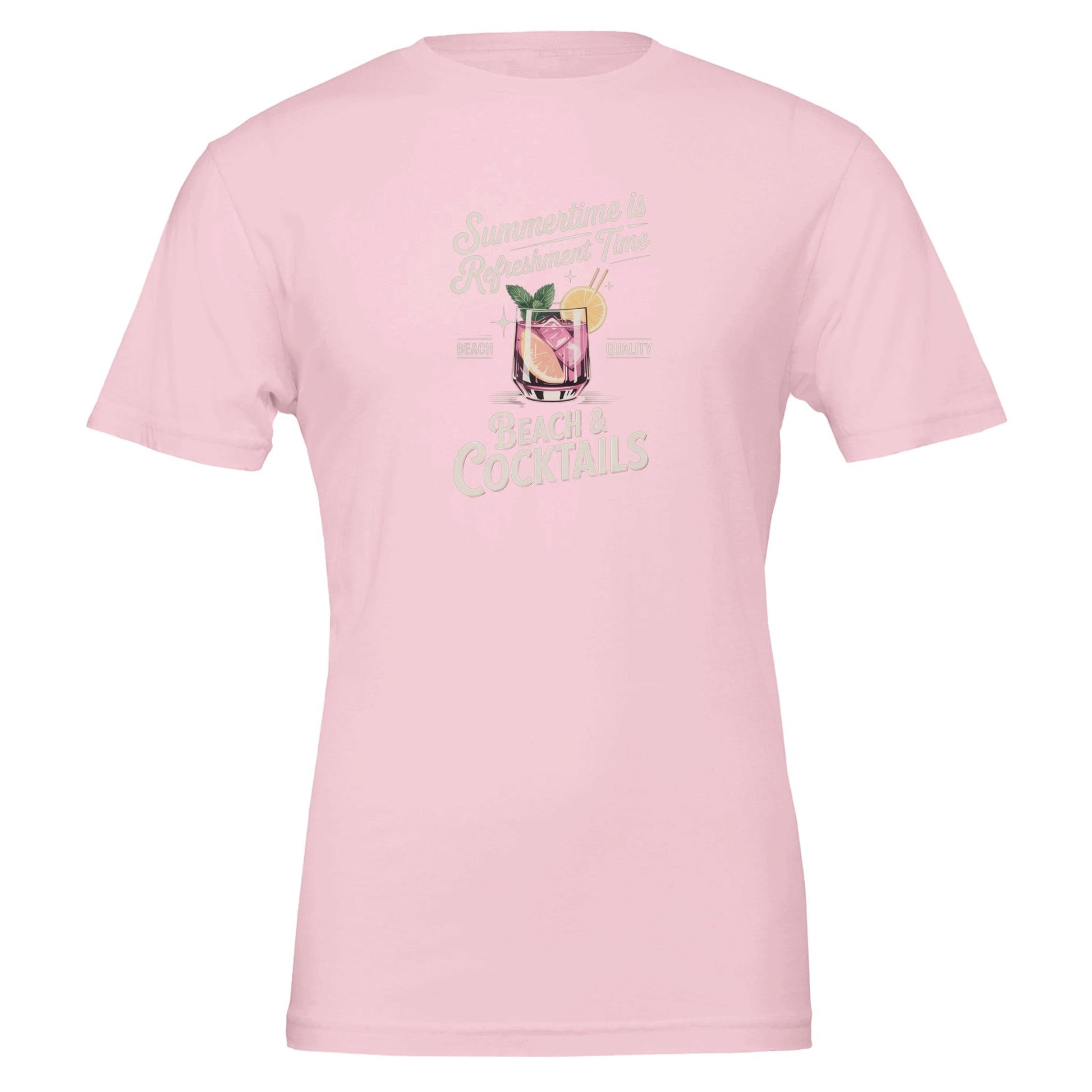 Pink Premium Sommer Cocktail T-Shirt with summer-themed cocktail graphic, soft eco-friendly cotton, unisex fit
