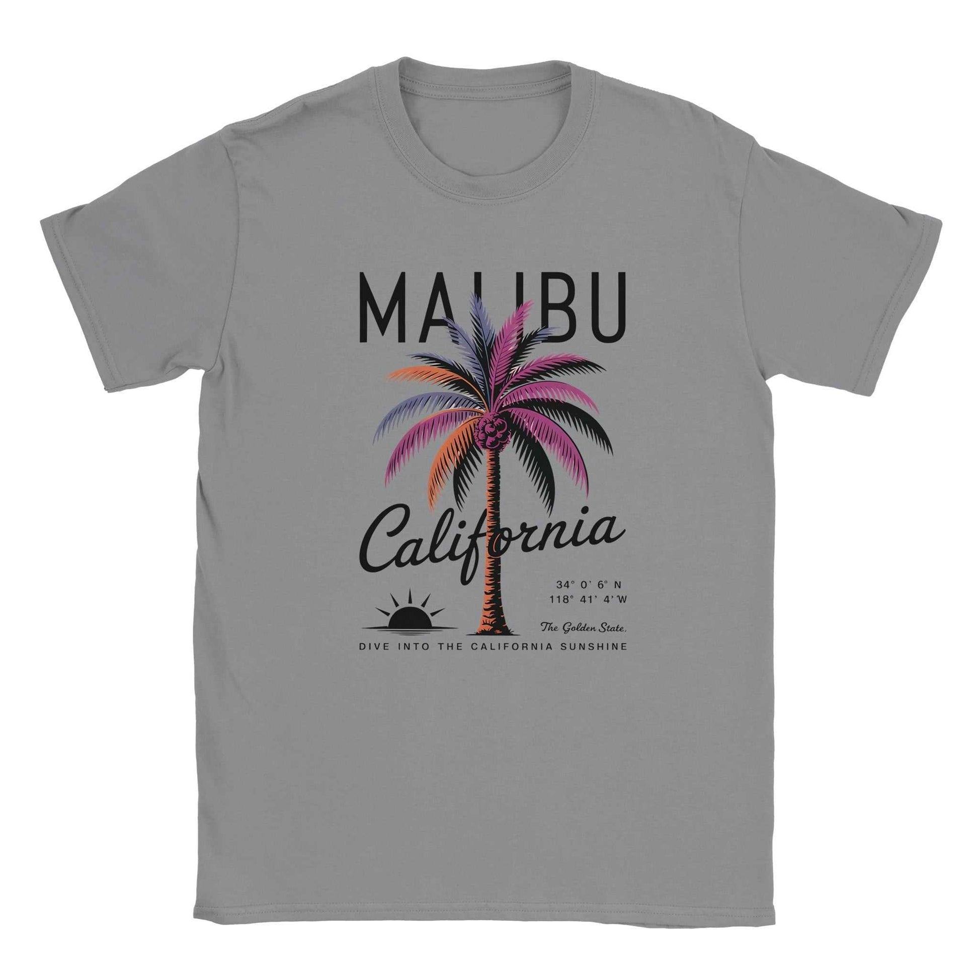California Sunshine Sommer T-Shirt grey with colorful Malibu palm tree print and soft seamless design