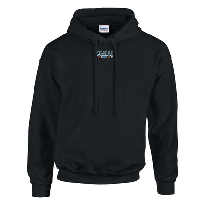 Schwarzer Porsche Hoodie aus schwerem Baumwoll-Mischgewebe mit Kapuze und Kordelzug, vorne Beuteltasche, weiches Airjet-Garn, Rippstrickbündchen mit Elasthan.