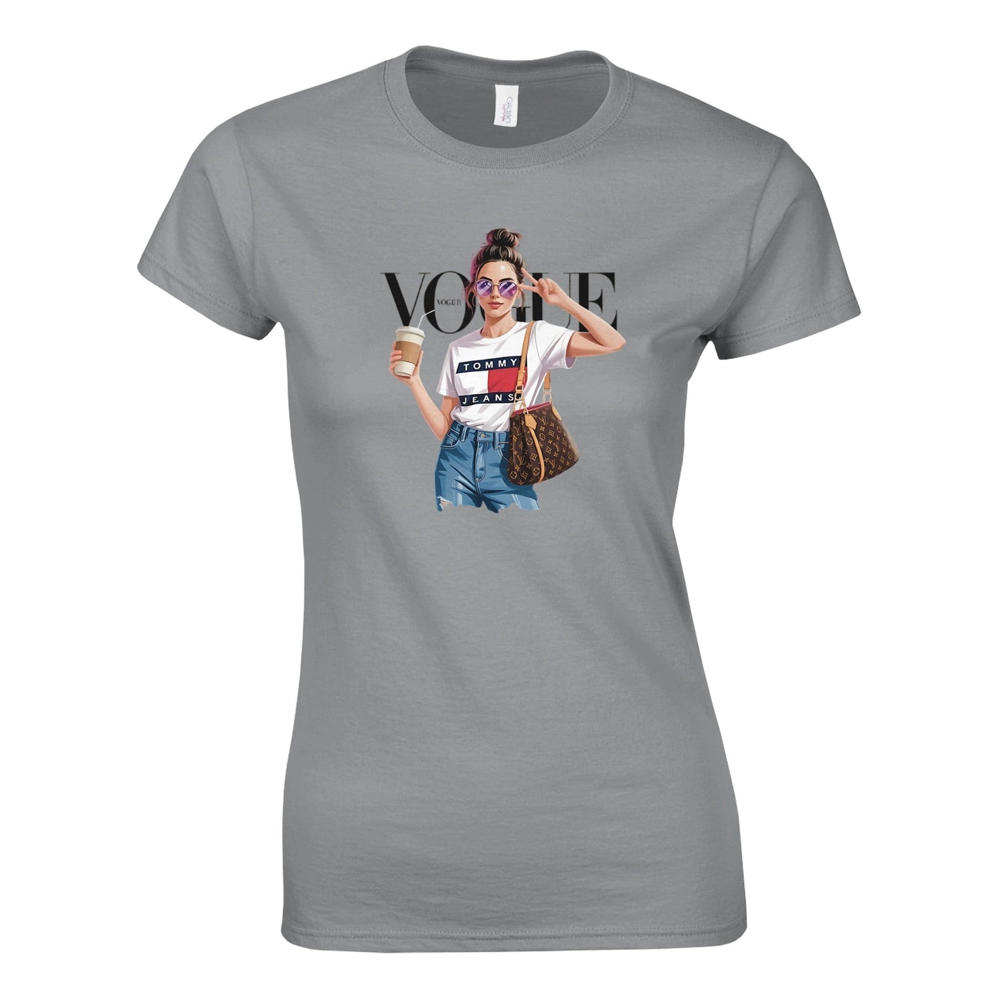 graues vogue t-shirt für damen mit modischem print und halbtaillierter passform aus 100 % baumwolle