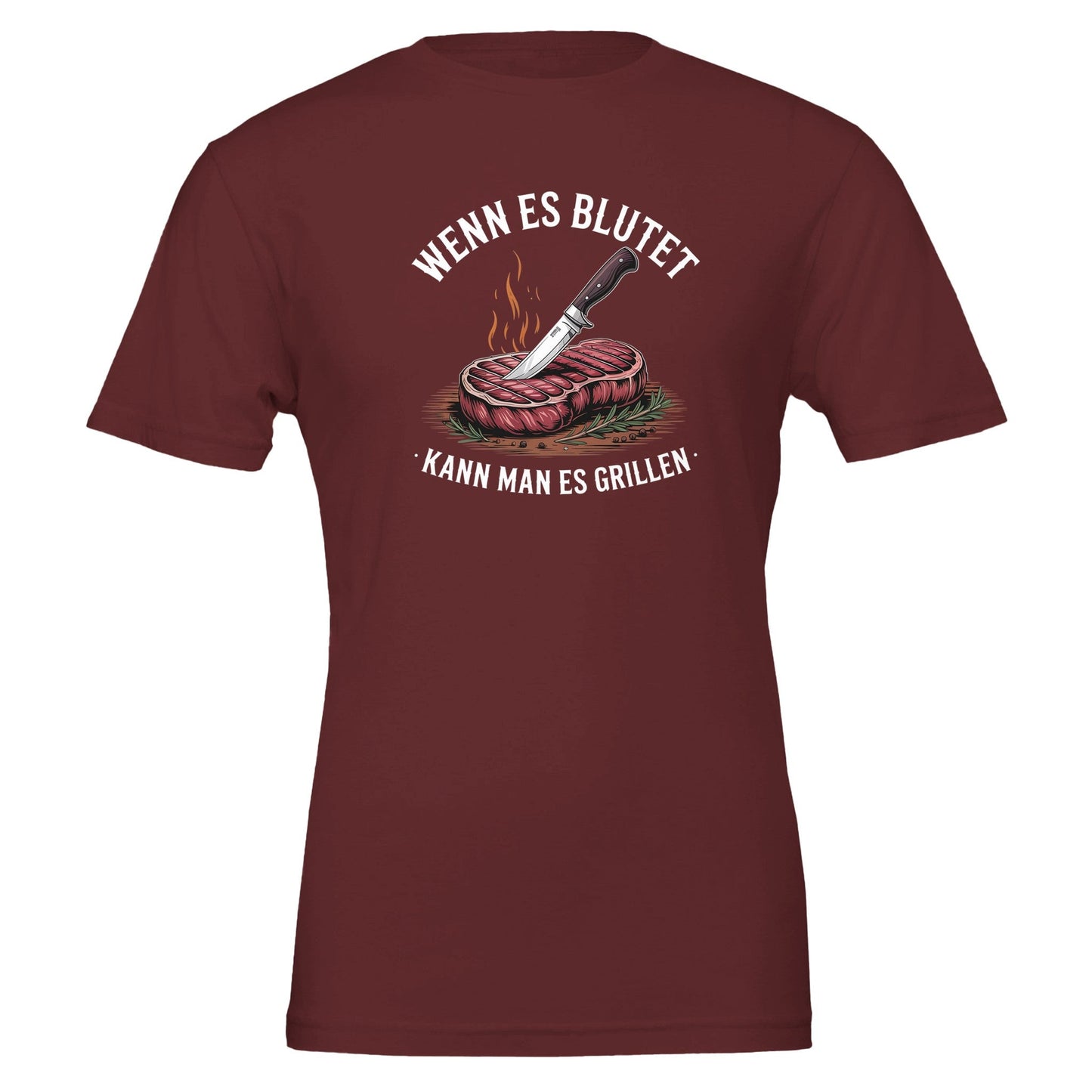 rotes grill t-shirt mit stylischem steak- und messer-design und dem spruch „wenn es blutet, kann man es grillen“