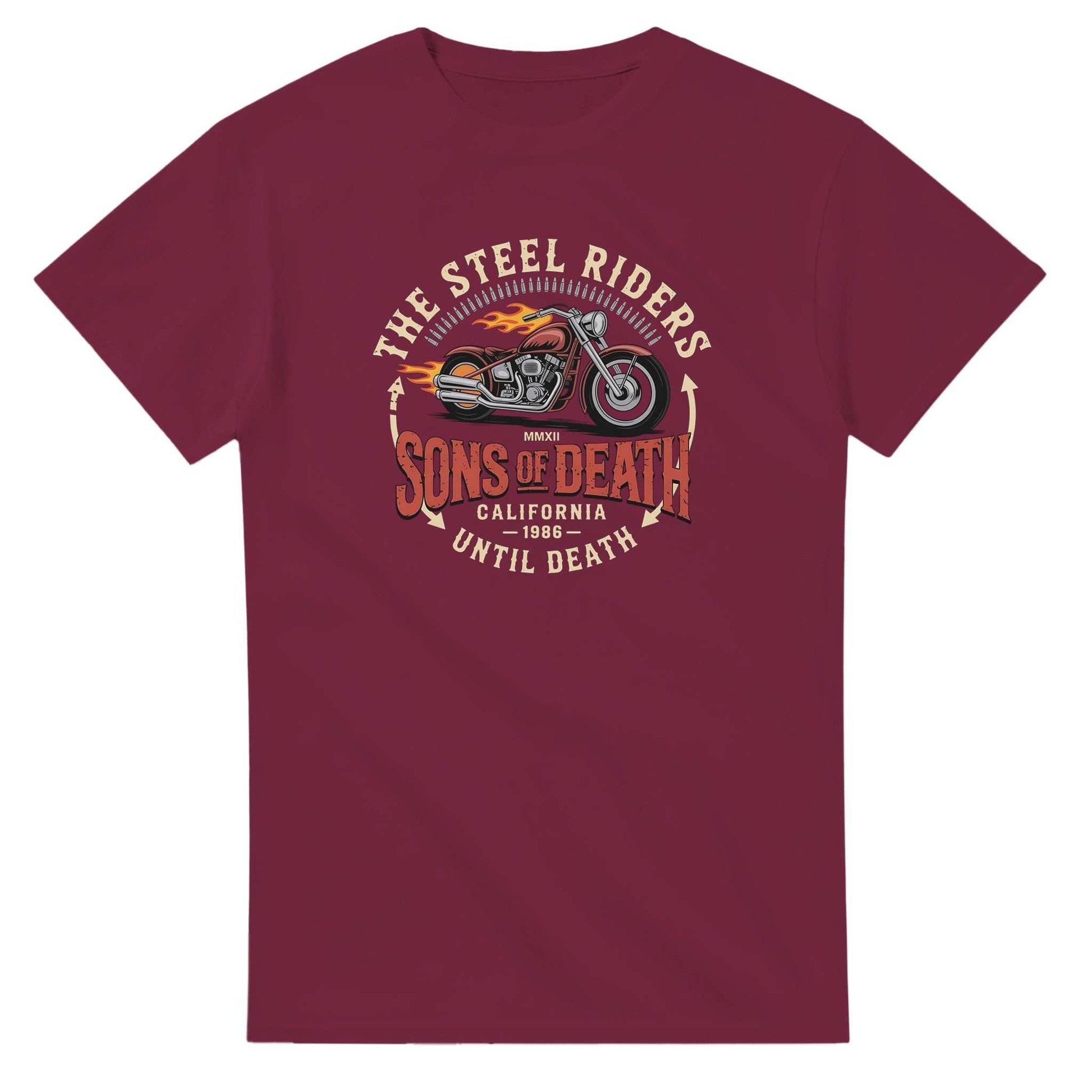 Burgundy Biker T-Shirt with motorcycle graphic and "Sons of Death" text design