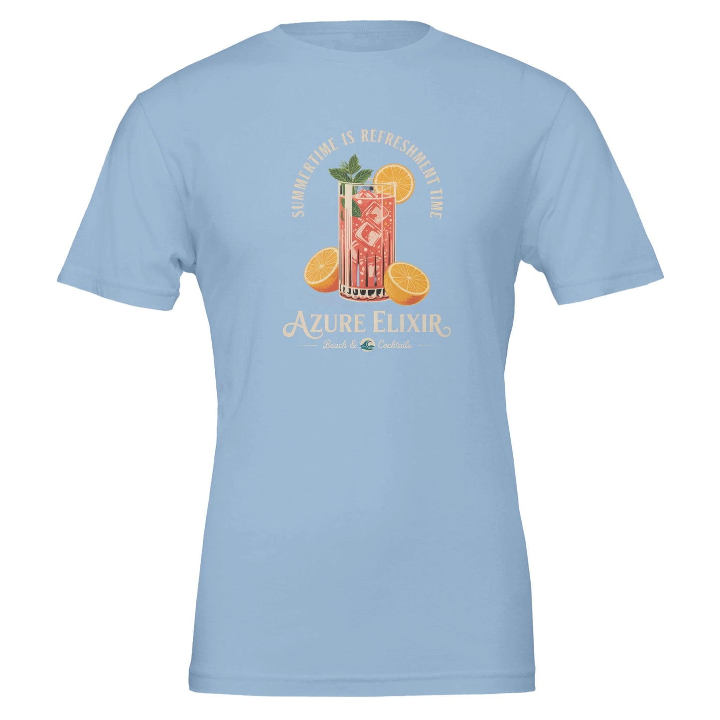 leichtes blaues sommer t-shirt mit erfrischendem cocktail-print für strand und bar, unisex und weich