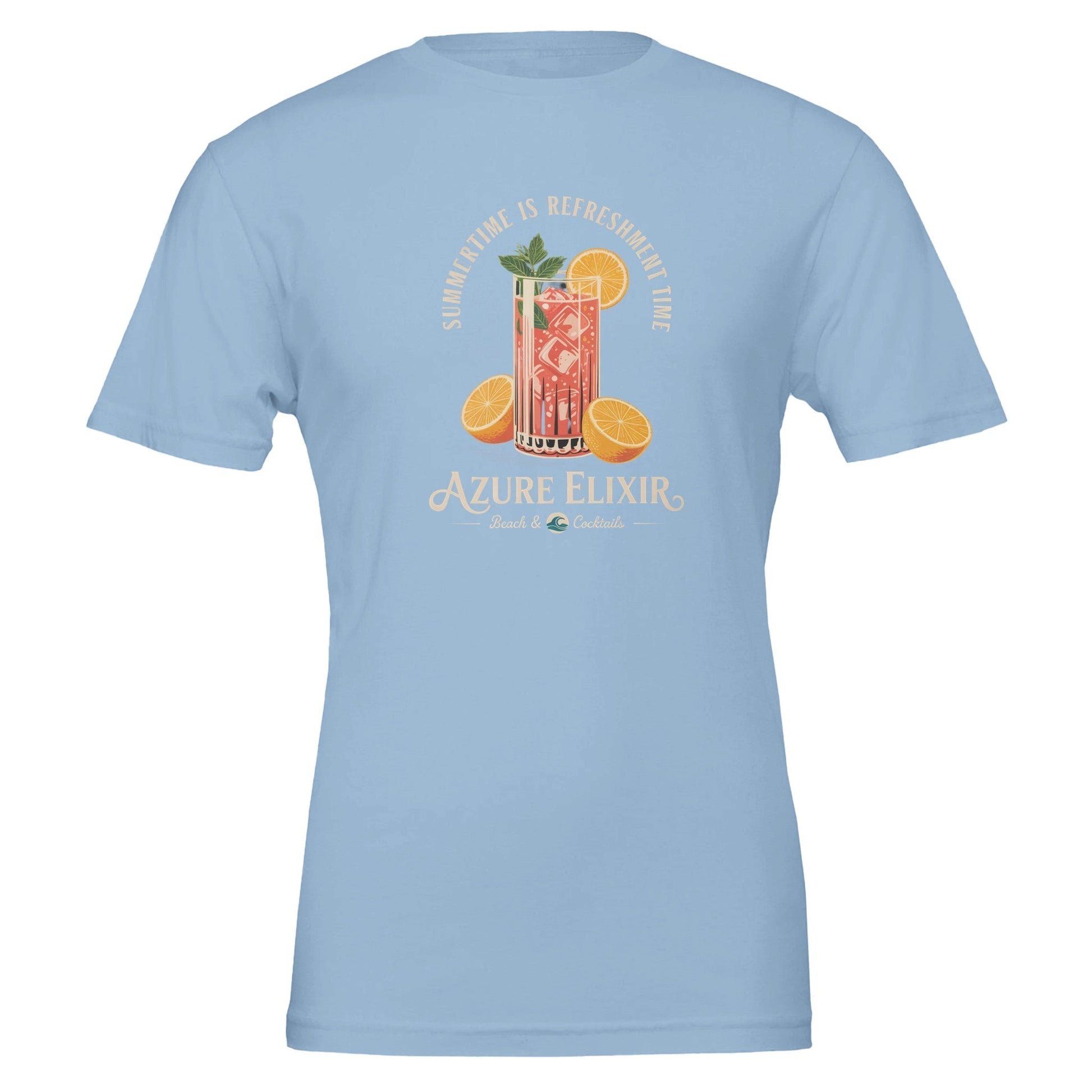 Light blue unisex summer T-shirt with refreshing cocktail print and "Summertime is Refreshment Time" text