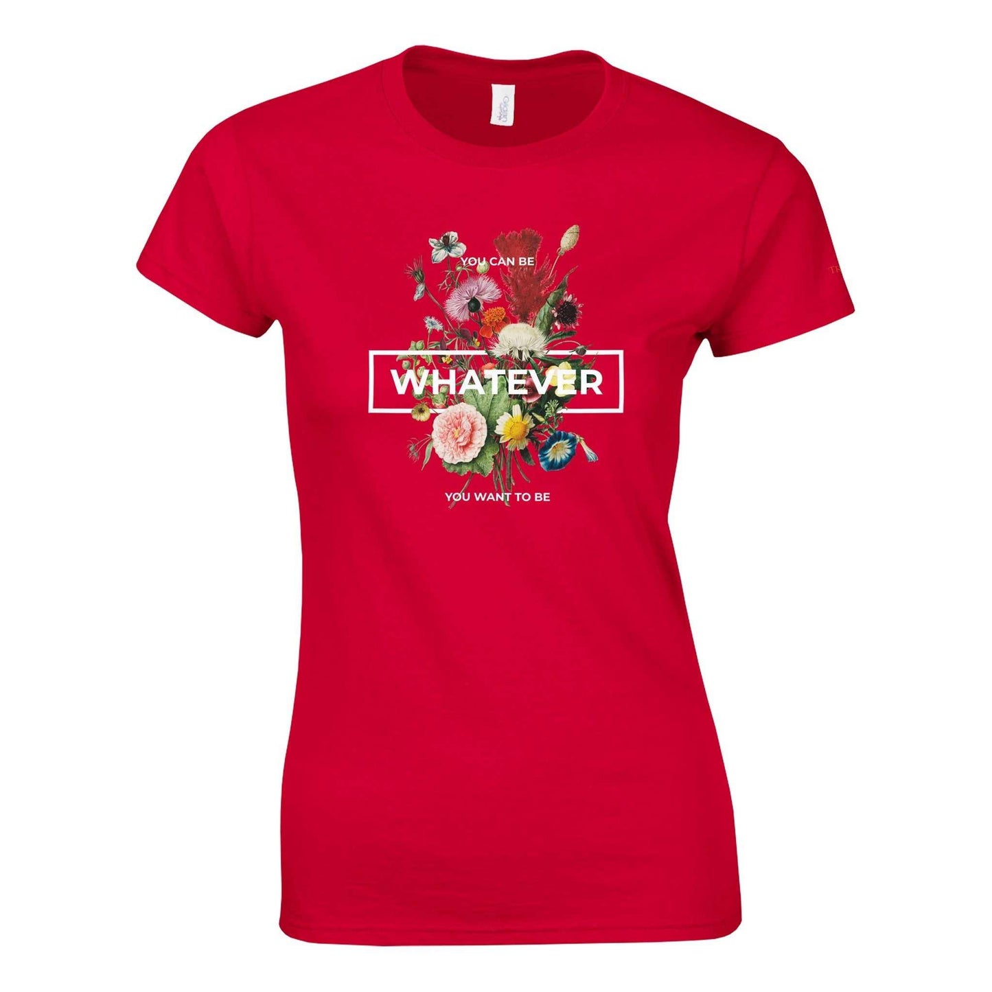 whatever womens crewneck t-shirt in red with floral graphic and soft cotton fabric