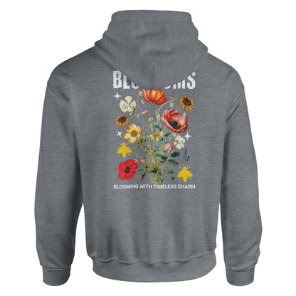 Grauer Blossom Streatware Unisex Pullover Hoodie mit floralem Rückenprint und doppelschichtigem Kapuzen-Design aus weicher Baumwoll-Polyester-Mischung.