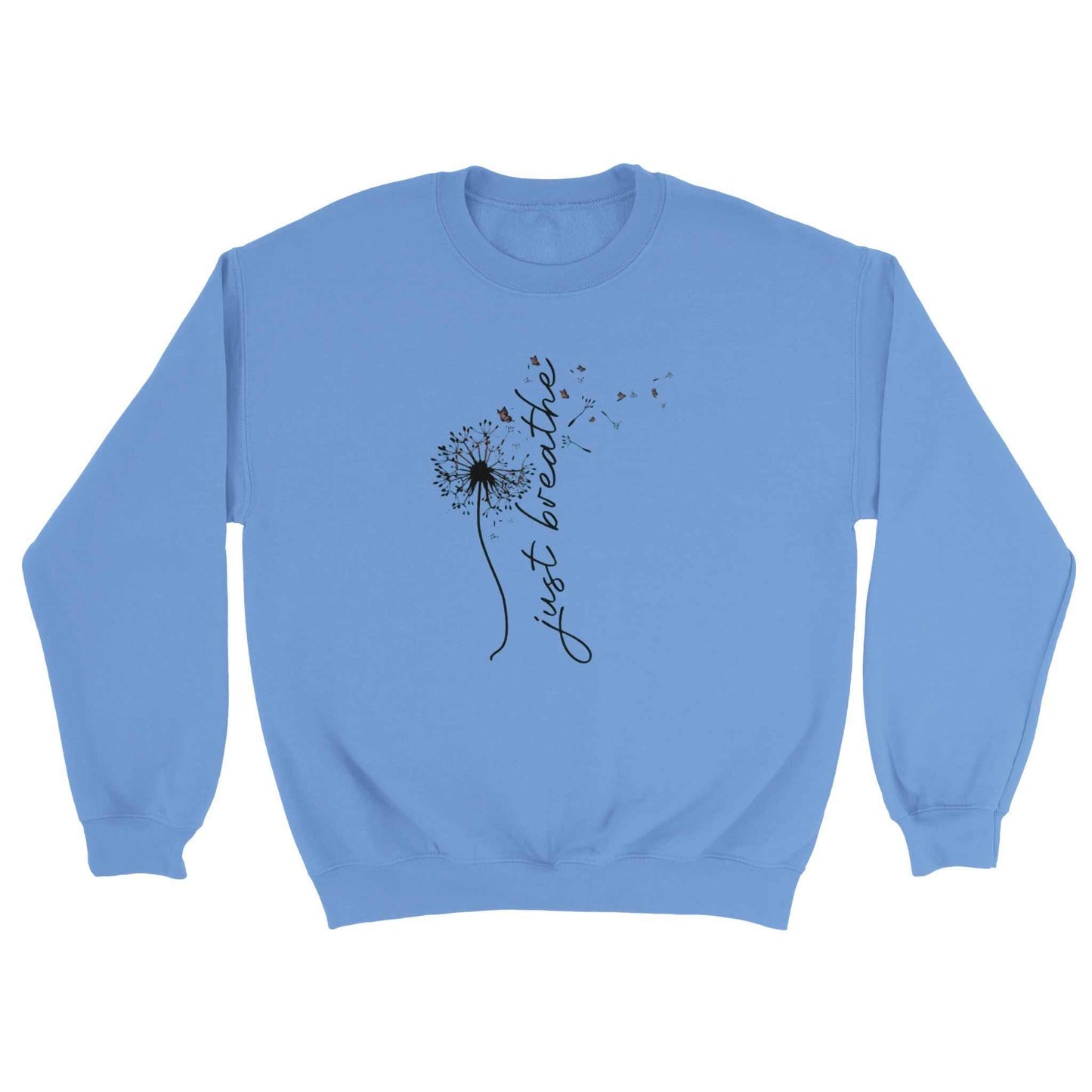 blaues sweatshirt entspannungs pullover mit dandelion-print und "just breathe" schriftzug aus weicher baumwollpoly-mischung