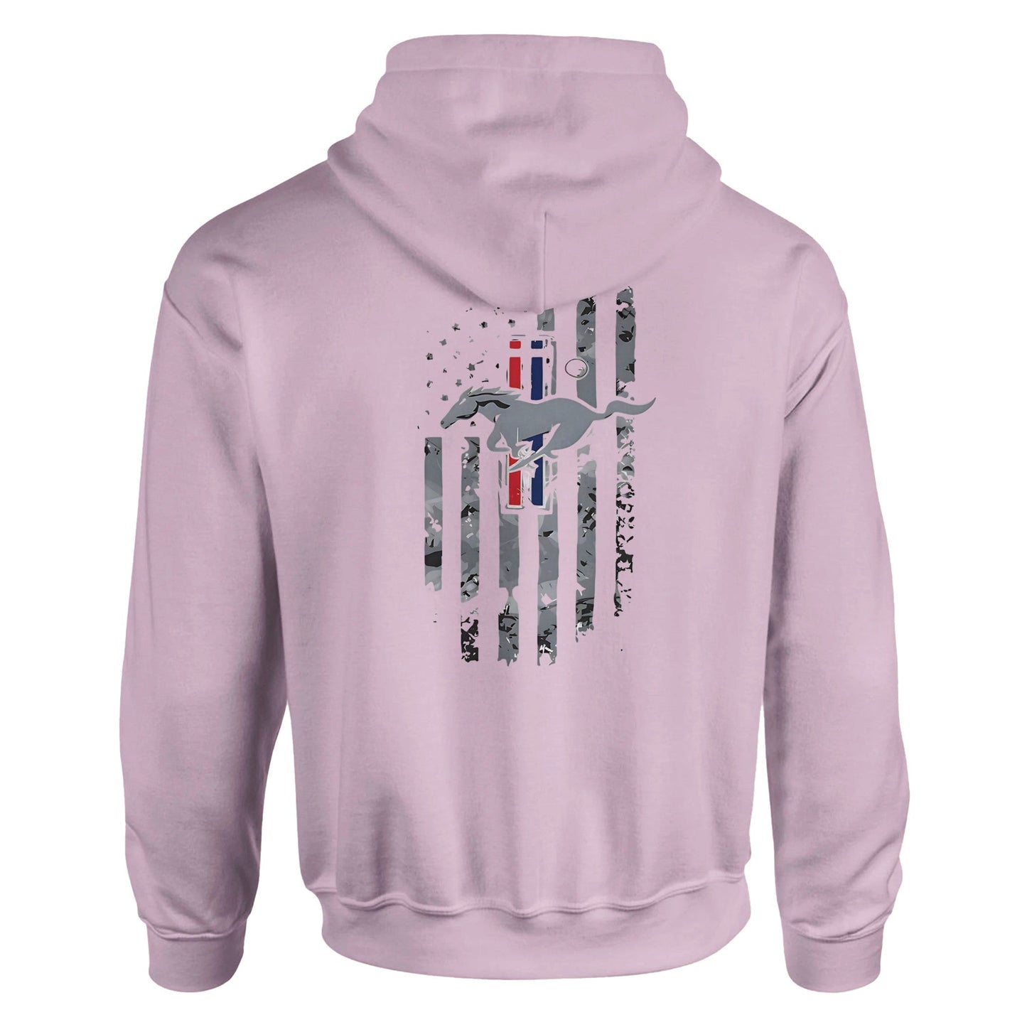 stylish unisex hoodie for car lovers with a mustang logo and distressed american flag design on the back in light pink color