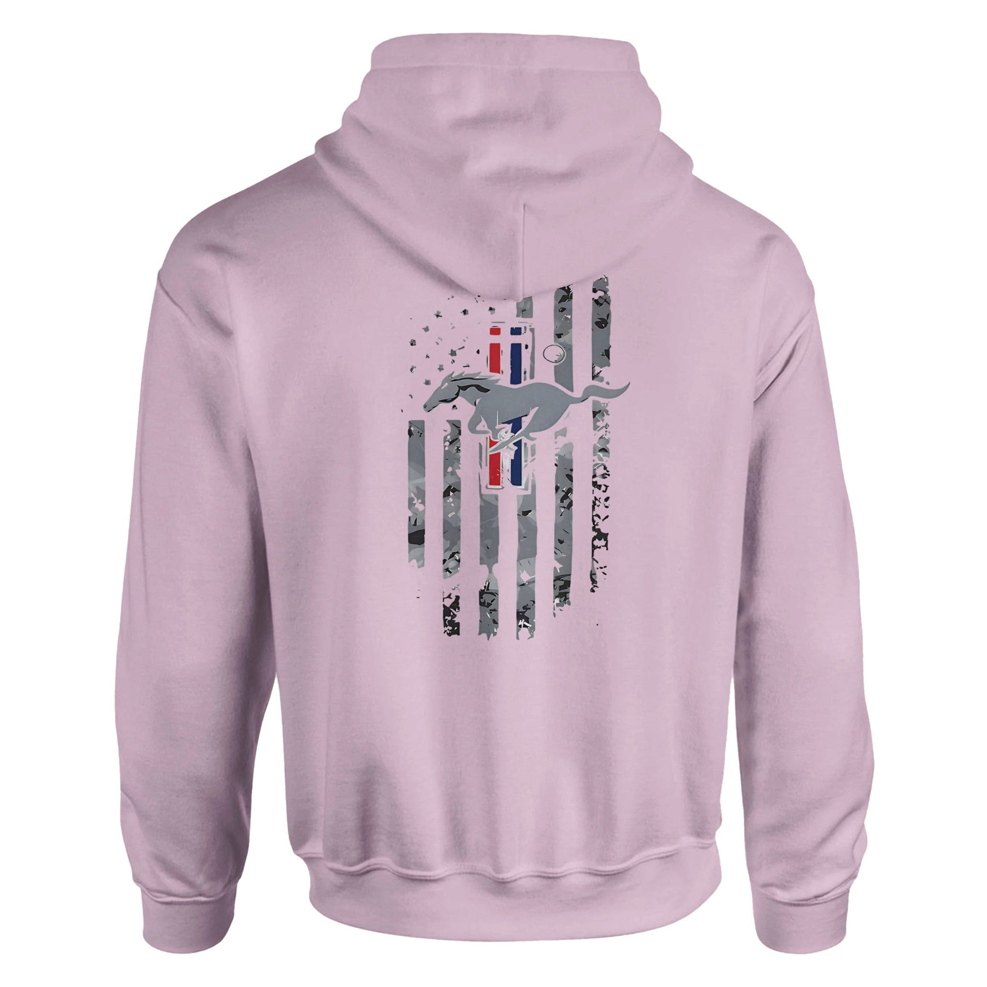 Stylish unisex hoodie for car lovers with a Mustang logo and distressed American flag design on the back in light pink color