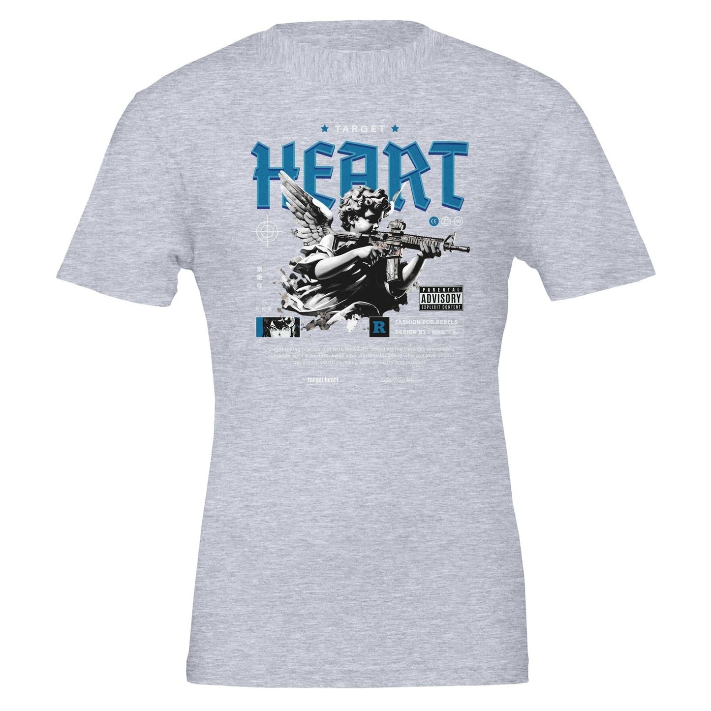 heart unisex crewneck t-shirt in grey with graphic angel and bold blue text, soft 100% airlume cotton, ideal for dtg printing, unisex fit