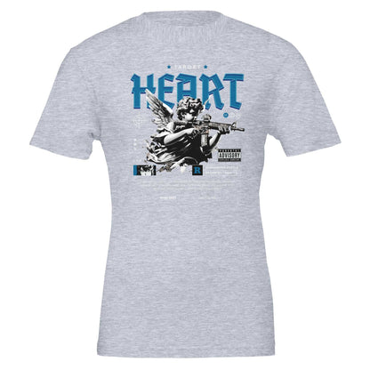 Heart Unisex Crewneck T-shirt in grey with graphic angel and bold blue text, soft 100% Airlume cotton, ideal for DTG printing, unisex fit