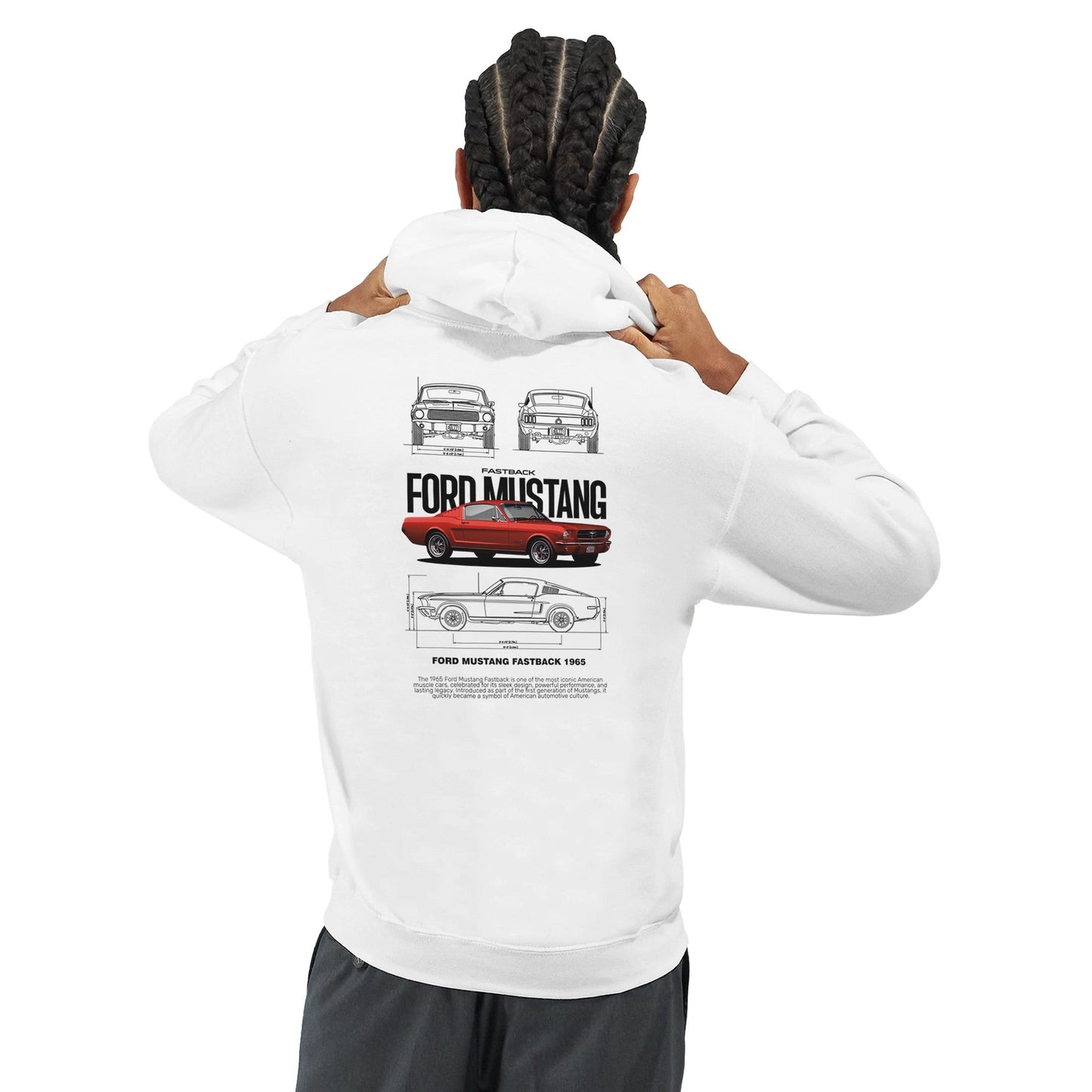weißer ford mustang fan hoodie mit klassischem auto-design und komfortablem kapuzenpullover für mustang liebhaber.