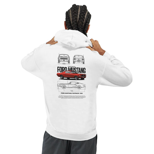 Weißer Ford Mustang Fan Hoodie mit klassischem Auto-Design und komfortablem Kapuzenpullover für Mustang Liebhaber.