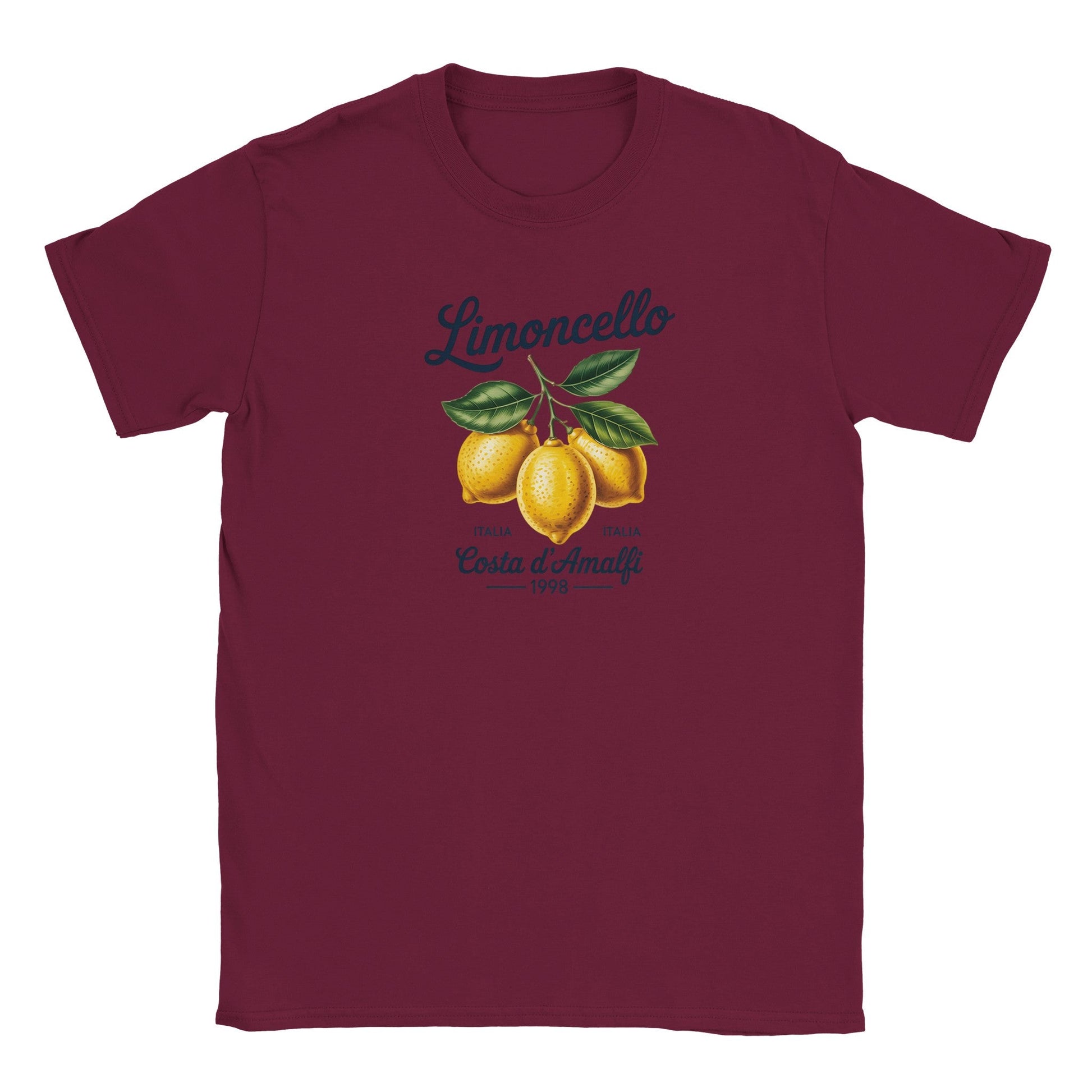 Limoncello Italien T-Shirt burgundy with lemon graphic, soft seamless neckline, perfect summer wear