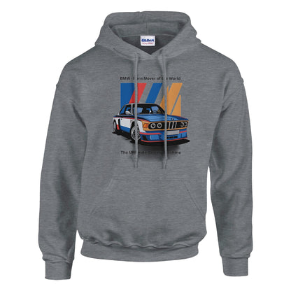 Born to Race unisex gray hoodie featuring a vintage race car graphic and front pouch pocket