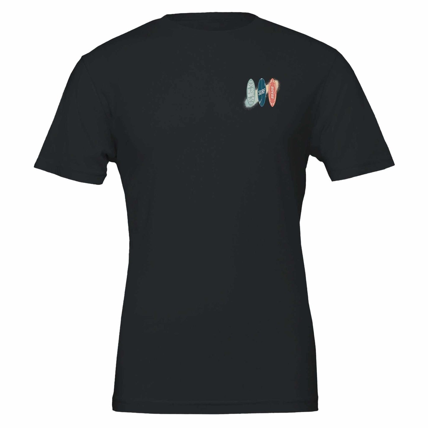 schwarzes premium surfer t-shirt mit kleinem surfer-print auf der brust, weiches, eng anliegendes sommer-shirt für strandpartys