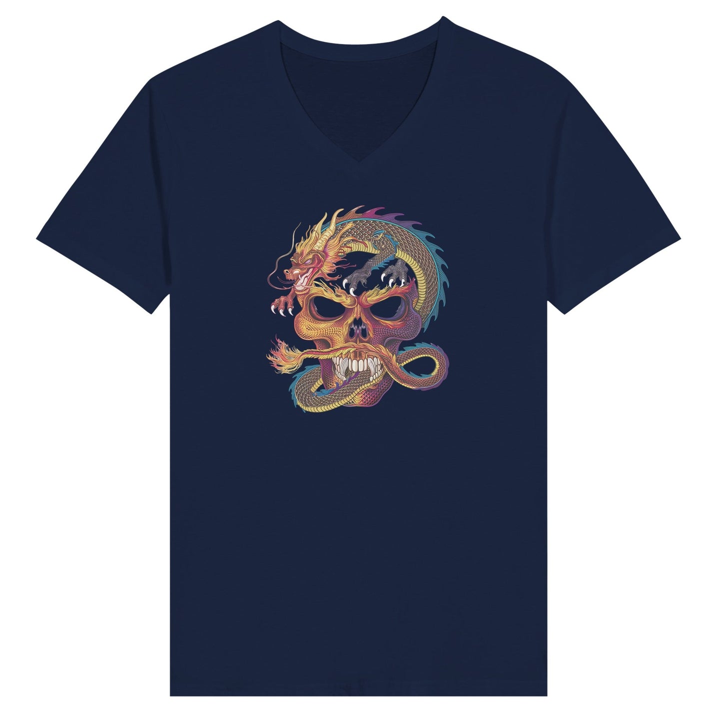 navyblaues streetwear t-shirt mit v-ausschnitt und buntem drachendesign, unisex, slim fit aus hochwertiger baumwolle