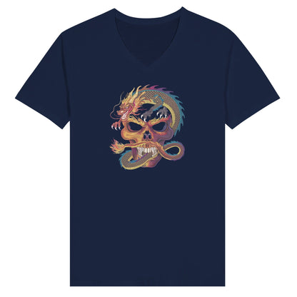 Unisex Streetwear T-Shirt mit V-Ausschnitt und coolem Drachendesign auf navyblauem Jersey-Stoff