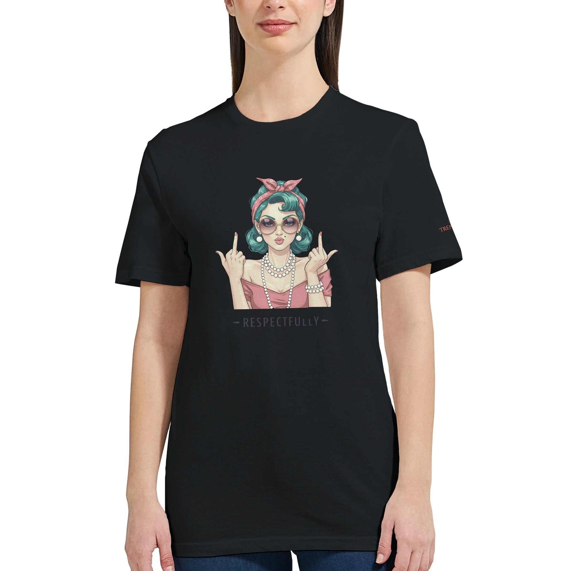 Klassisches T-Shirt Respectfully schwarz mit farbigem Vintage-Print und halbtailliertem Schnitt aus 100% ringgesponnener Baumwolle