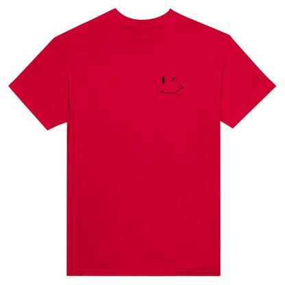 Rotes Stickerei Smile Unisex T-Shirt aus schwerer Baumwolle mit klassischer Passform und langlebigem Design.