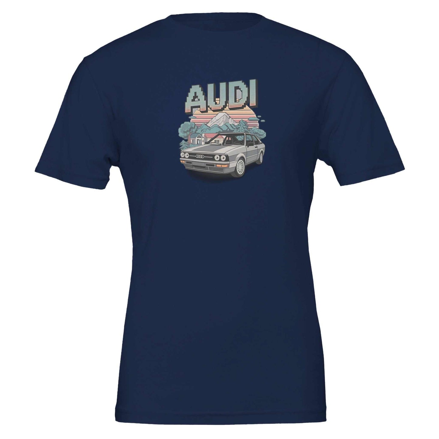 navy blue oldschool t-shirt featuring a pixel art audi car and retro sunset design