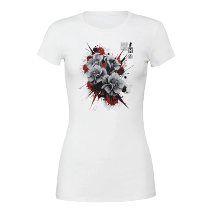 Weißes Blütenzauber Premium T-Shirt mit schwarzem und rotem Blumenmuster, eng anliegende Passform, aus atmungsaktiver Baumwolle.