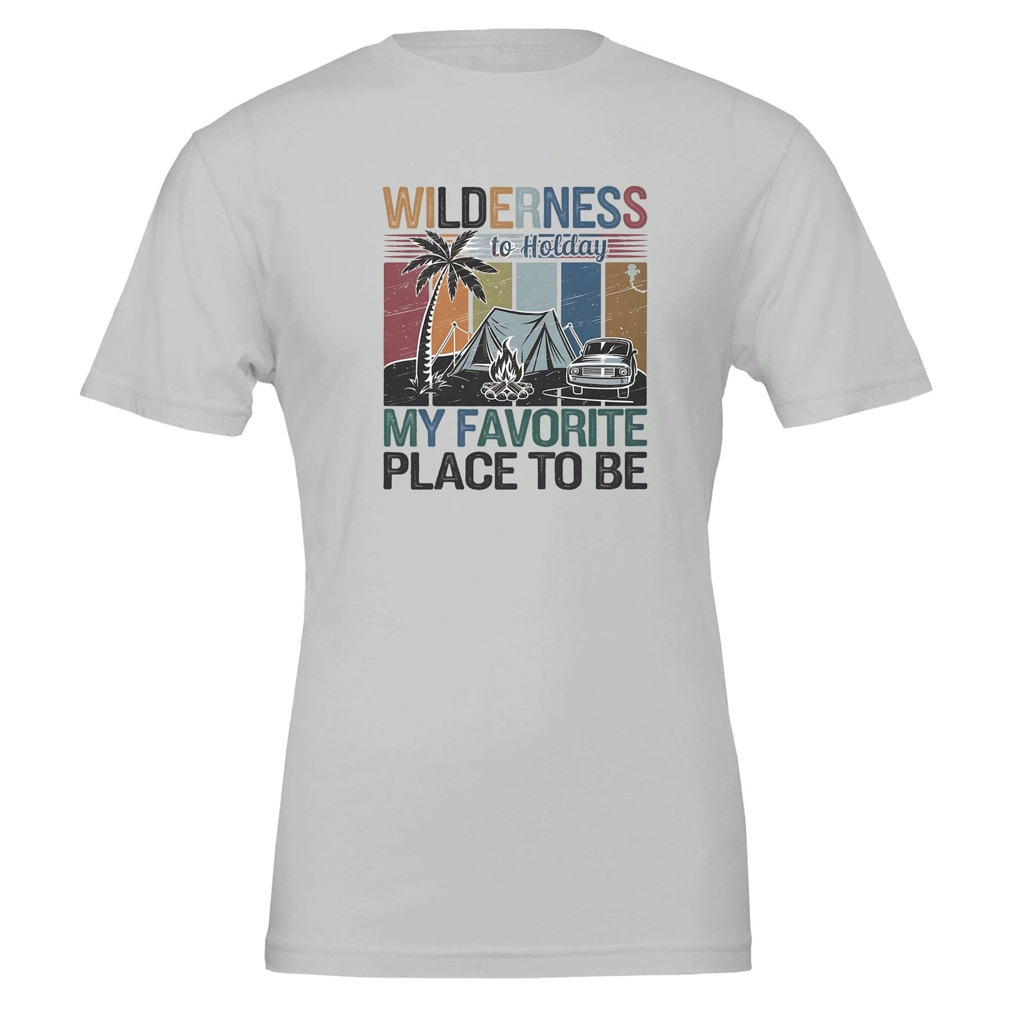 unisex premium wilderness t-shirt in hellgrau mit vintage-camping-design und komfortabler passform aus weicher airlume-baumwolle