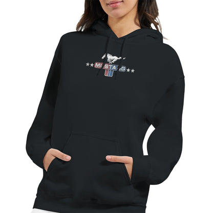 Stylish black unisex hoodie for car lovers with Mustang logo on chest, comfortable fit and hoodie pocket