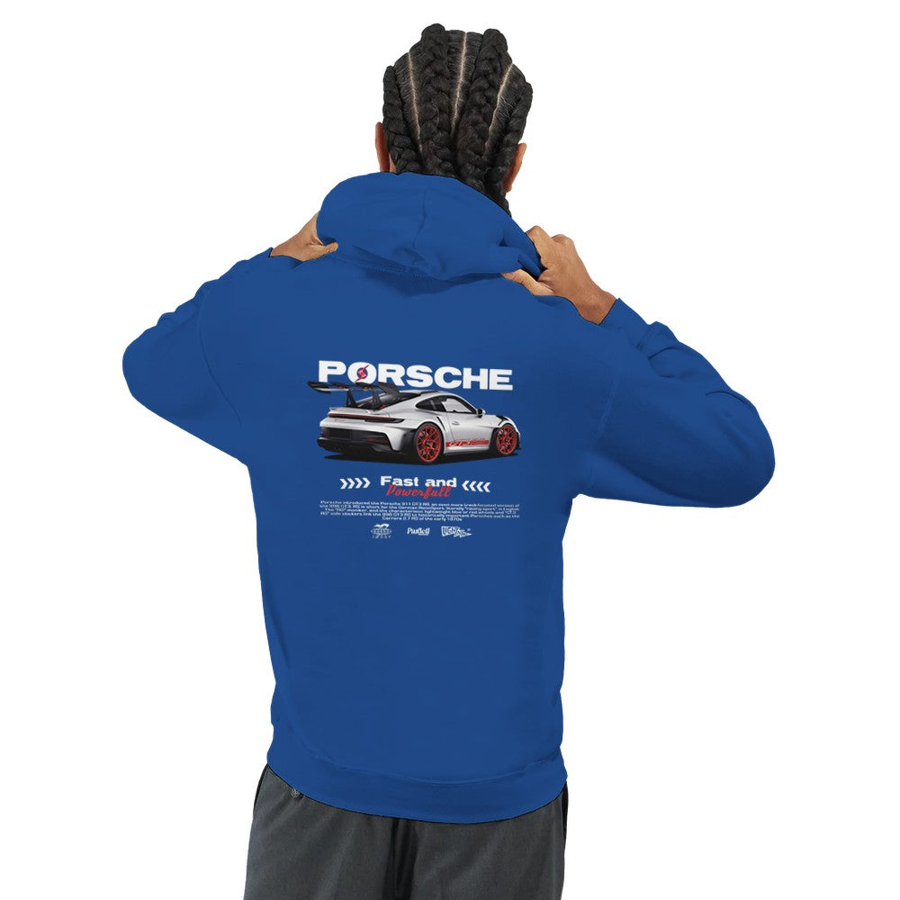 blauer porsche hoodie aus schwerem baumwollmischgewebe mit auto-motiv und doppelt gefütterter kapuze