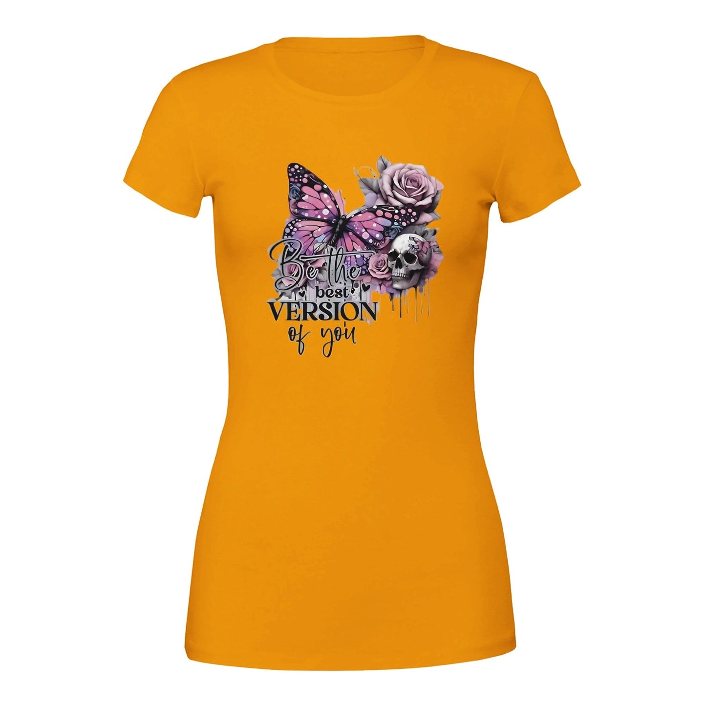 premium damen-crewneck-t-shirt in orange mit schmetterling, rose und "best of you" aufdruck, weich und stylish aus baumwolle.
