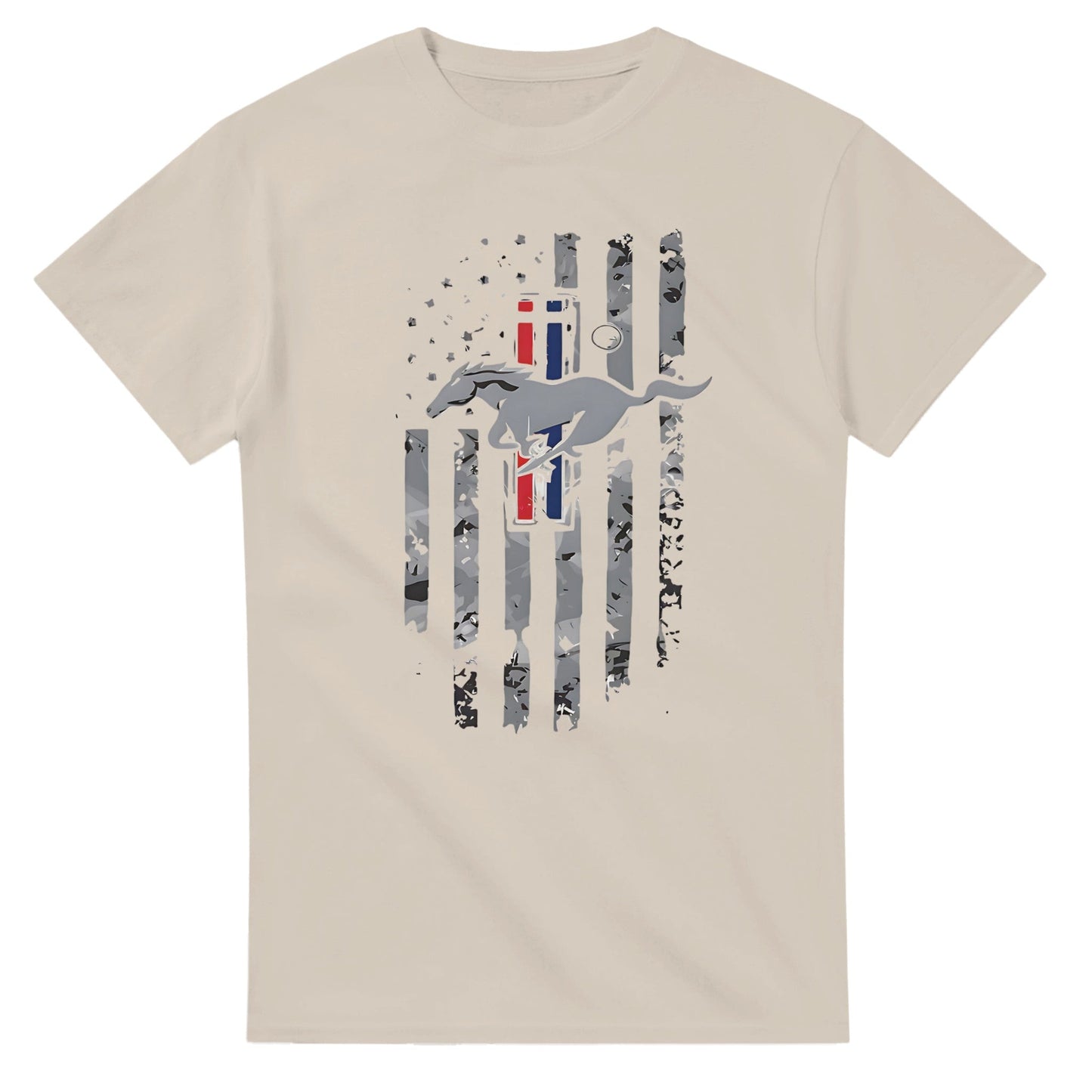 beiges unisex t-shirt aus 100% baumwolle mit amerikanischer flagge und galoppierendem pferdemotiv, klassischer schnitt und langlebige verarbeitung