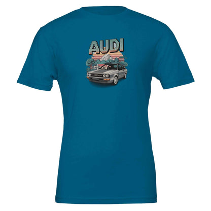 Oldschool T-shirt featuring vintage Audi car and Minecraft-inspired design on blue cotton fabric
