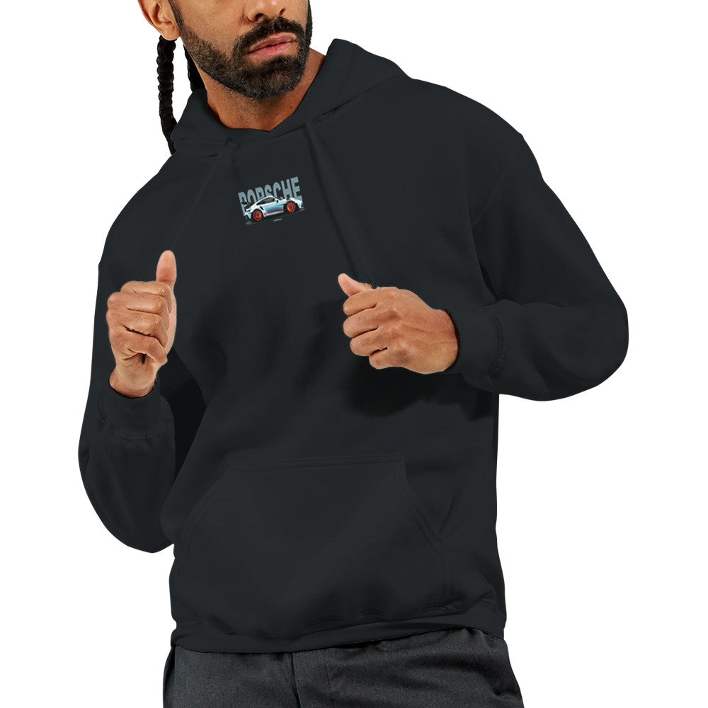 schwarzer porsche hoodie aus schwerem baumwollmischgewebe mit kapuze und beuteltasche für auto-enthusiasten