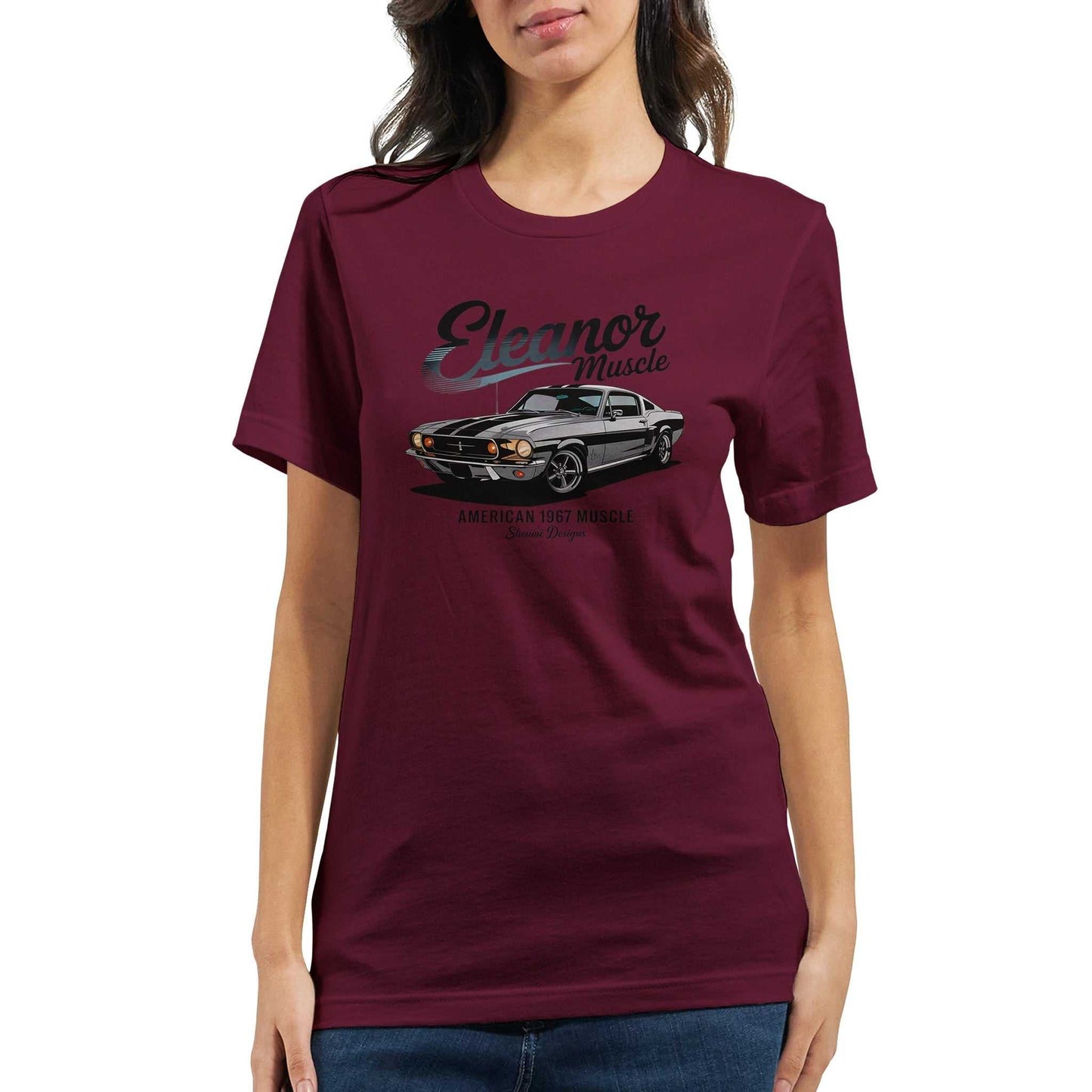 eleanor mustang auto t-shirt in burgunderrot mit klassischem auto-design, weiche und robuste unisex-passform aus 100% baumwolle