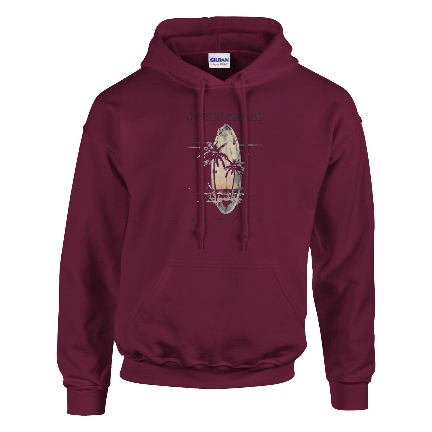 burgunderroter pullover hoodie sommer feeling mit hawaii surfbrett und palmen motiv, baumwoll-polyester-mix, kängurutasche, kuschelige kapuze