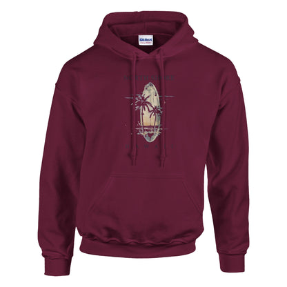 burgunderroter Pullover Hoodie Sommer Feeling mit Hawaii Surfbrett und Palmen Motiv, Baumwoll-Polyester-Mix, Kängurutasche, kuschelige Kapuze