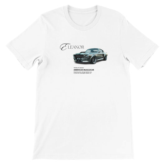 weißes unisex T-Shirt Eleanor Lieblings T-Shirt mit schwarzem Musclecar Motiv und elegantem Schriftzug