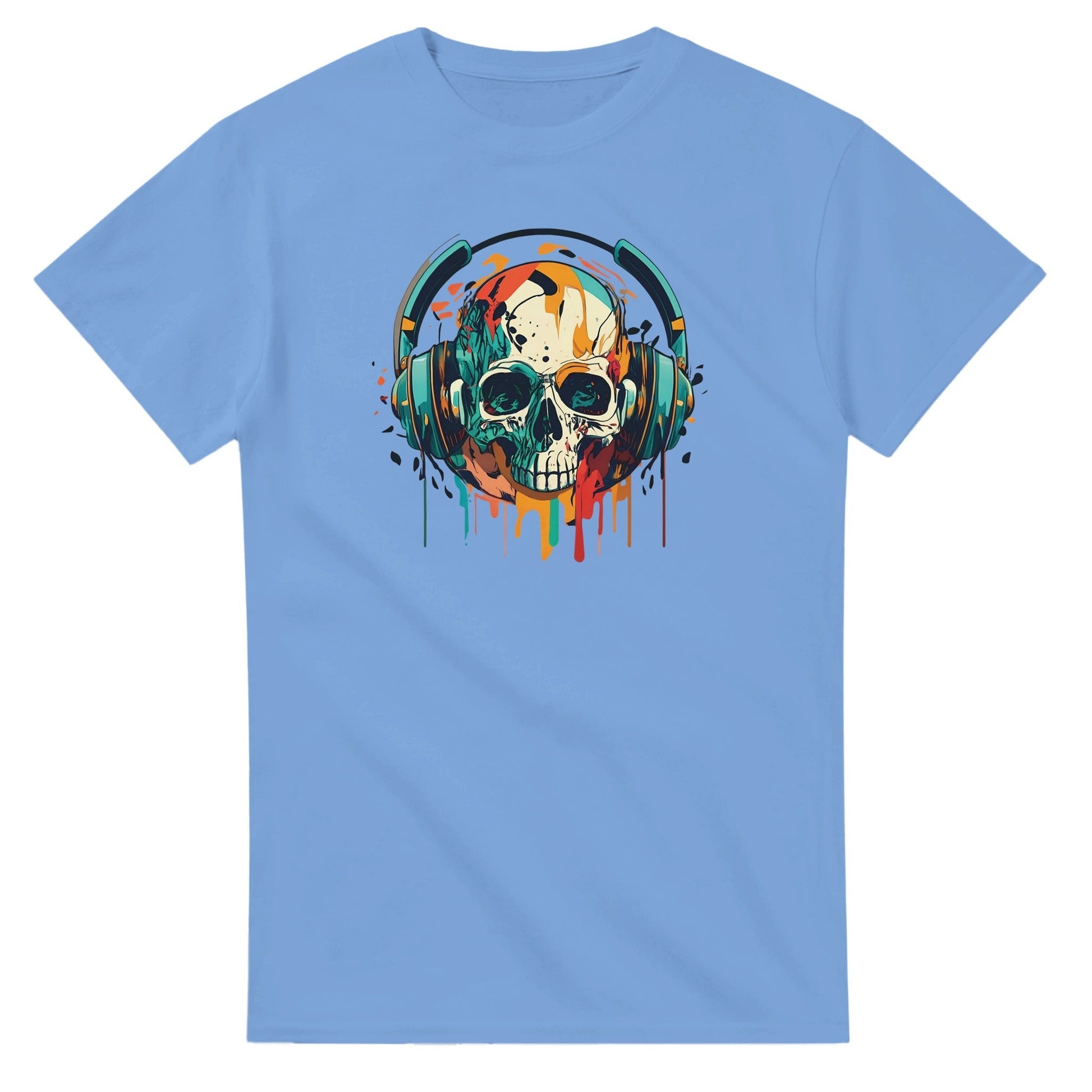 Blaues Party Sommer Musik T-Shirt mit farbigem Schädel-Design und Kopfhörern, 100% Baumwolle, klassische Passform