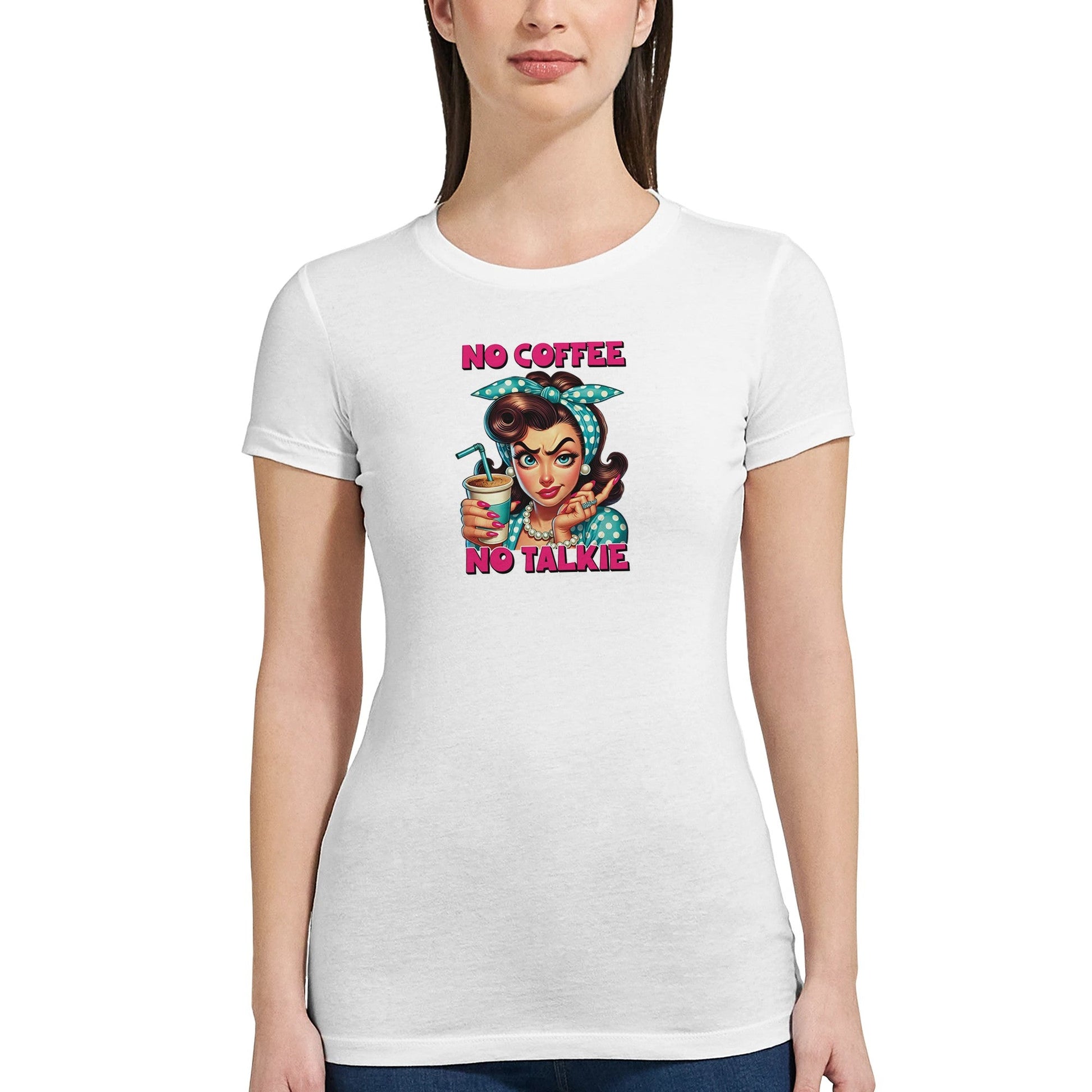 Premium Damen Crewneck T-Shirt mit lustigem No Coffee No Talkie Print, bequemer Schnitt aus 100% Baumwolle, weiß