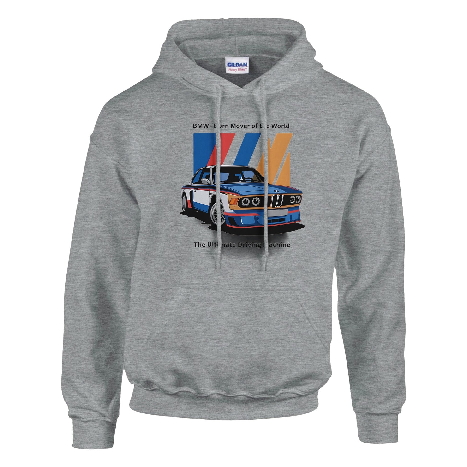 Grey Born to Race unisex hoodie with vintage BMW car graphic and front pocket, made from soft cotton-polyester blend fabric.