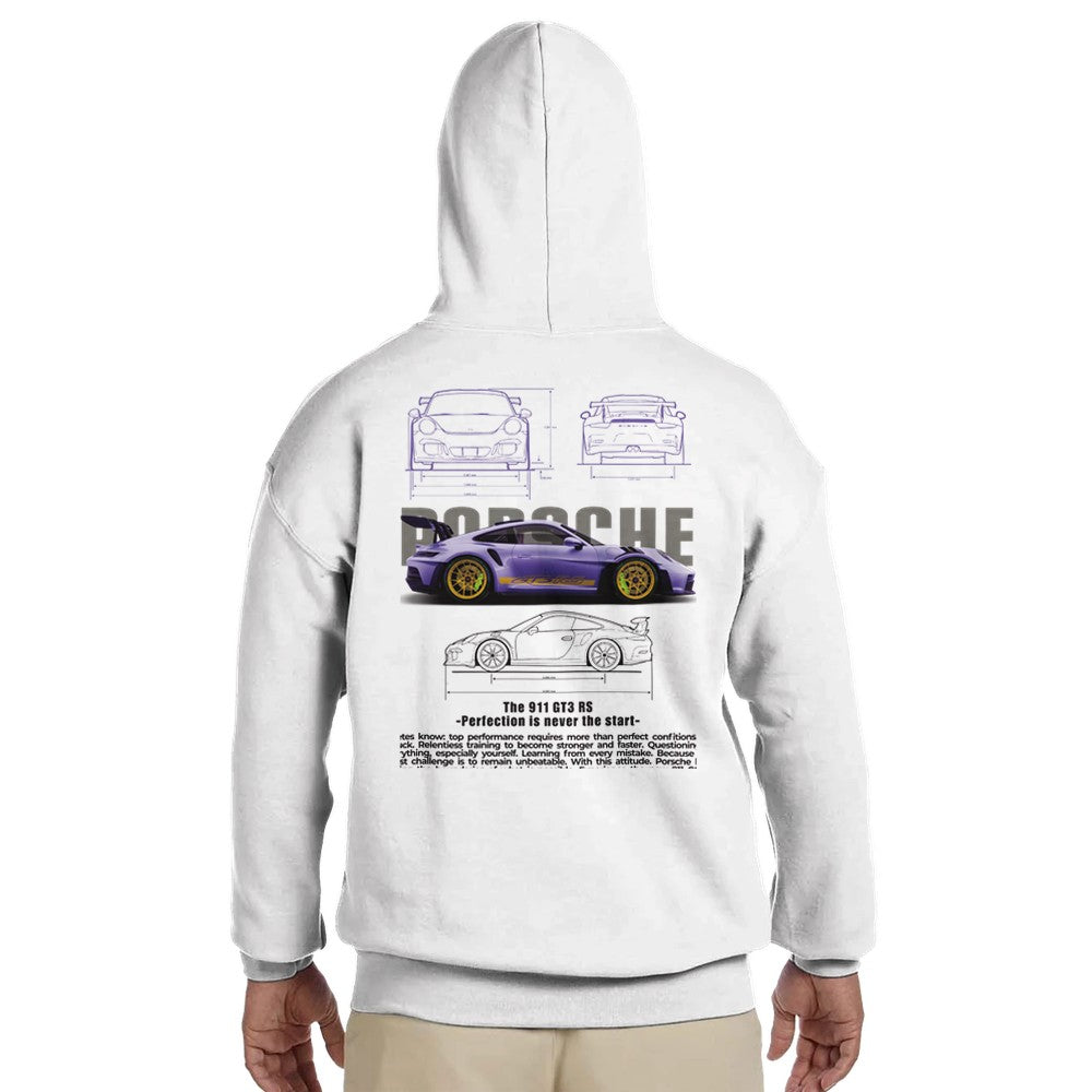weißer berry porsche design hoodie mit kapuze und grafik von porsche 911 gt3 rs auf der rückseite, aus baumwoll-polyester-mischgewebe.