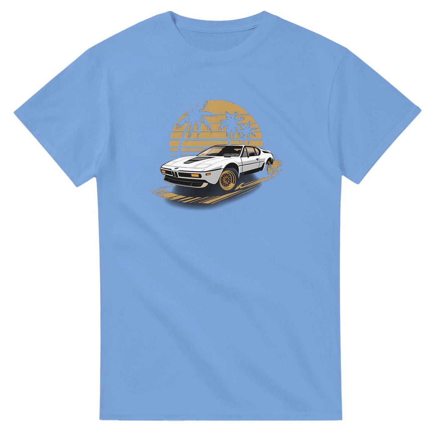 premium unisex summer car t-shirt in light blue with a vintage white sports car and palm tree graphic design