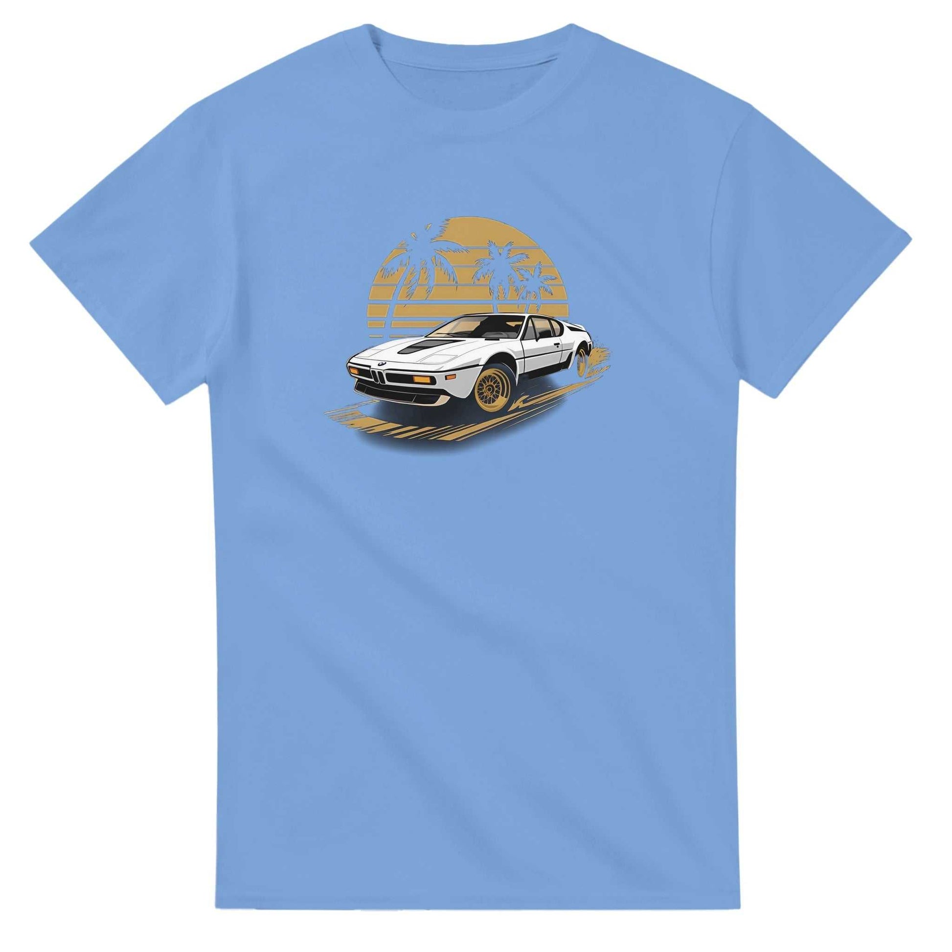 Premium unisex summer car t-shirt in light blue with a vintage white sports car and palm tree graphic design