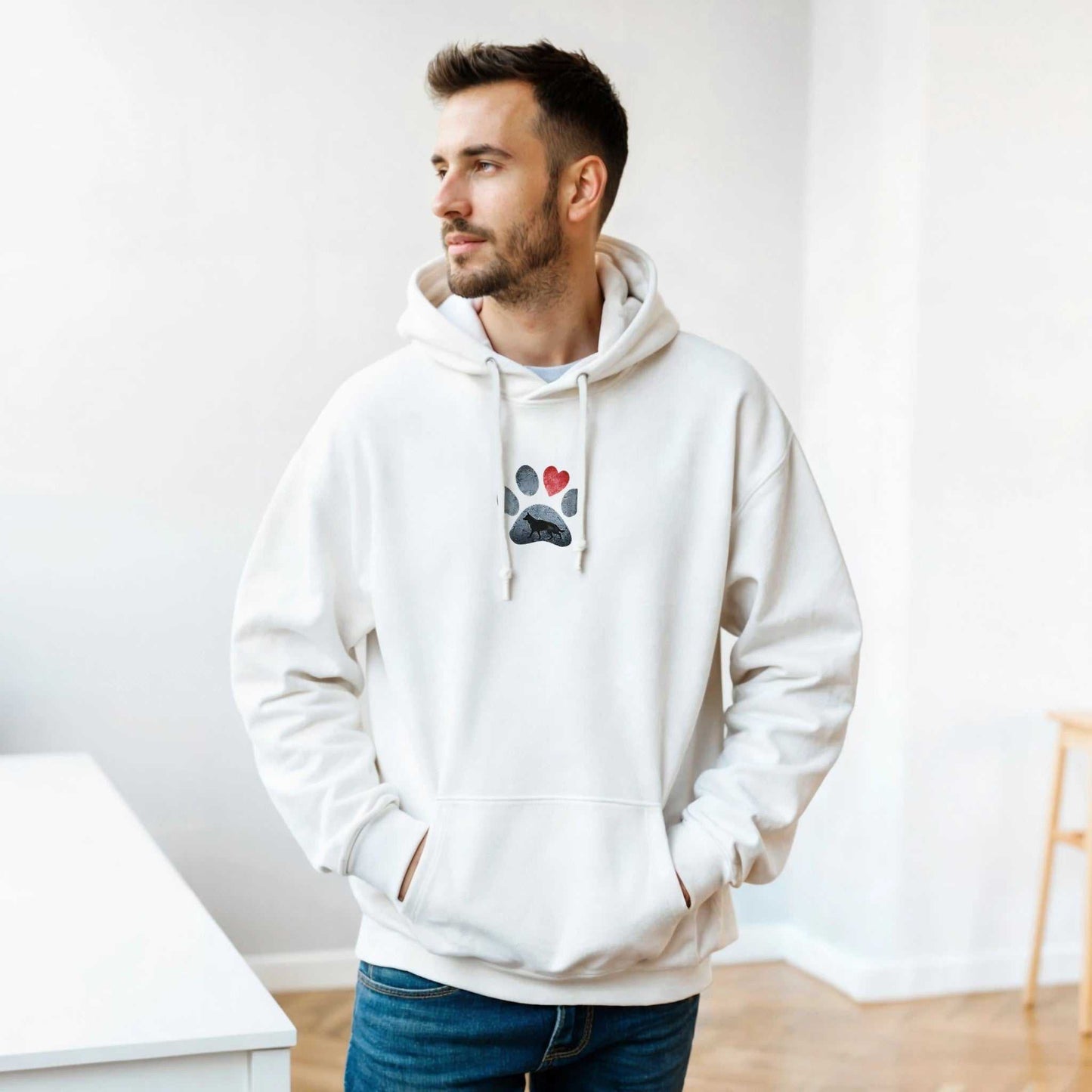 weißer hunde liebhaber hoodie mit schäferhund pfoten- und herzdesign, bequemer pullover aus mischgewebe