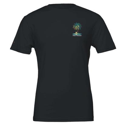 Schwarzes Sommer T-Shirt mit kleinem Palmen-Stranddesign, unisex, aus weicher umweltfreundlicher Baumwolle
