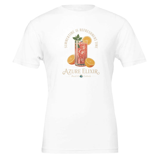 Weißes unisex Sommer T-Shirt mit Cocktail-Motiv und Schriftzug „Azure Elixir“ für Strand und Bar