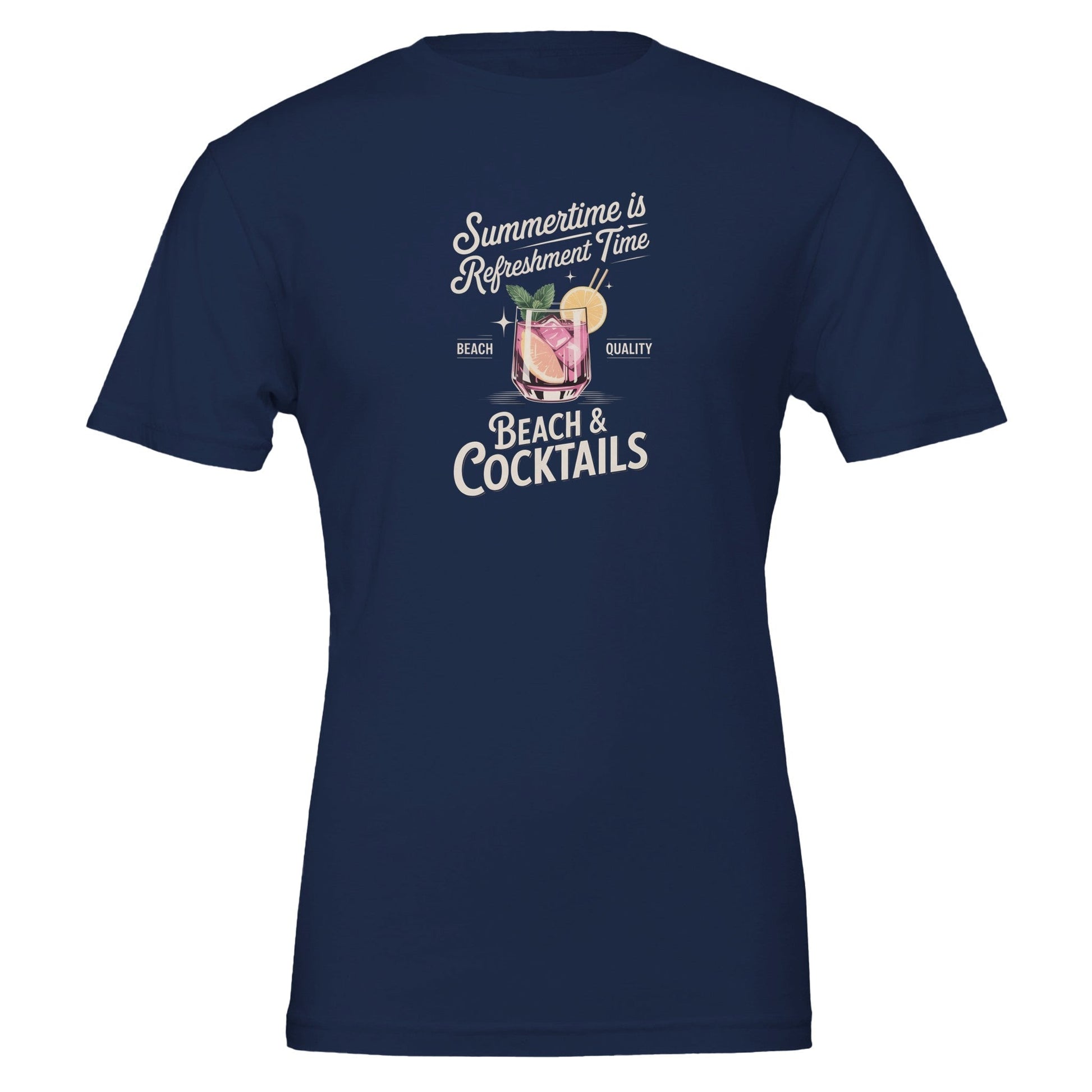 Navy Premium Sommer Cocktail T-Shirt with "Summertime is Refreshment Time" beach and cocktails graphic, unisex soft cotton tee